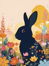 Abstract illustration of a bunny silhouette filled with a collage of spring flowers and vivid