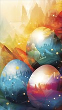 Easter-inspired abstract artwork with layered, translucent egg shapes overlapping with bursts of