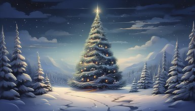 Illustration of a Christmas tree in a snowy winter landscape at night, AI-generated image, AI