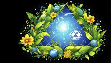 Recycling symbol morphing into growing plants and solar cells to symbolize the transformation of