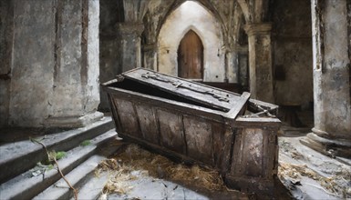 An empty coffin in a dilapidated monastery, Lost place, AI-generated, AI-generated, AI generated