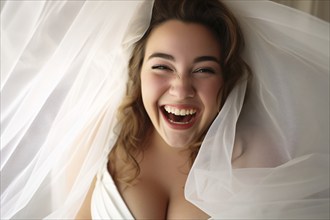 Happy plus size curvy woman in wedding dress. KI generiert, generiert, AI generated