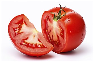 Halved red tomatoe and tomatoe slice on white background. KI generiert, generiert, AI generated