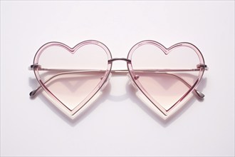 Heart shaped pink glasses on white background. KI generiert, generiert, AI generated