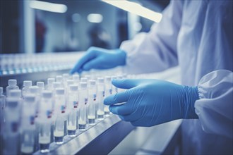 Hands with blue sanitary gloves sorting vials in research labarotory. KI generiert, generiert AI