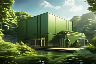 Crafted green cardboard factory embodying green washing concept, AI generated