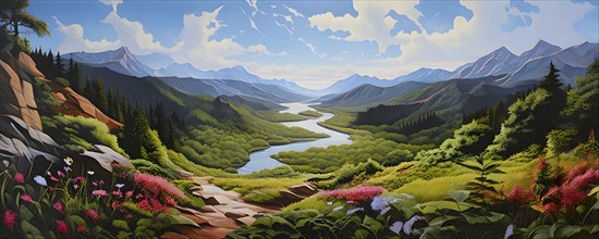 Abstract canvas illustration of a serene nature hike scenery with majestic mountains, AI generated