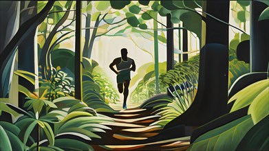 Wallpaper illustration of a jogger running through a park in vibrant summer colors, AI generated