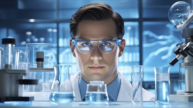 Scientist in a laboratory wearing protective eyeglasses, AI generated