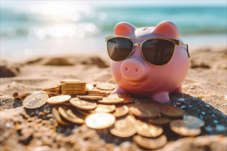 Piggy bank with coins on sunny beach. Generative ai, AI generated