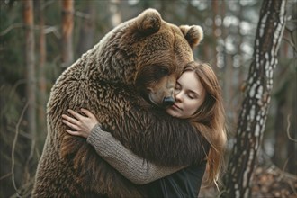 Woman hugging bear in forest. Generative Ai, AI generated