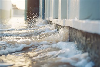 Water lapping against building wall and door. Flooding concept. KI generiert, generiert, AI