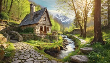 Icon, Graphic, Beautiful cosy fantasy stone house in a spring forest next to a cobblestone path, AI