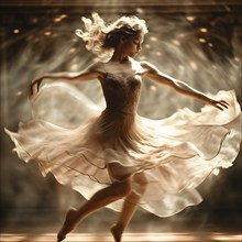 AI generated vintage photograph capturing a dancer in mid twirl movements traced with modern