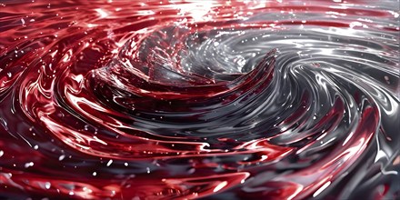 Digital art illustration of a liquid whirlpool swirling with red and silver tones, AI generated