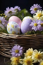 Pastel-colored Easter eggs in a wicker basket, surrounded by delicate spring flower, AI generated