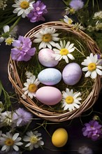 Pastel-colored Easter eggs in a wicker basket, surrounded by delicate spring flower, AI generated