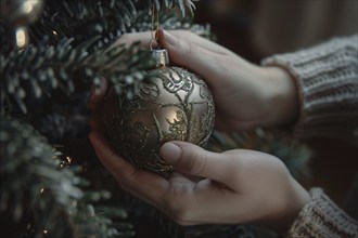 Close up of woman's hands decorating Christmas tree with golden bauble. Generative Ai, AI generated