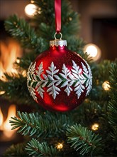 Christmas ornament hanging on a tree, with reflections of twinkling lights and fireplace flames