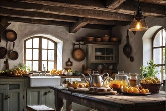 Rustic kitchen interior with exposed wooden beams, a farmhouse sink, and a table set with freshly