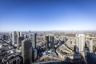 View of the 155 metre high twin towers of Deutsche Bank, corporate headquarters with banking