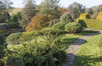 Cottage garden with green lawn, trees, hedges, trimmed bushes with natural stone path. Modern