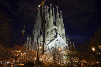 Church towers, Passion façade, Sagrada Familia, Basilica by Antoni Gaudi, Barcelona, Catalonia,