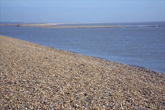 Mouth of River Ore at the tip of Orford ness spit at North Weir Point, Shingle Street, Suffolk,