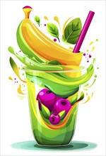 Vibrant smoothie blending abstract shapes and colors, where layers of fruits and greens swirl