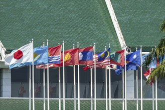 Many flags in front of the United Nations Conference Centre, Bangkok, Thailand, Asia