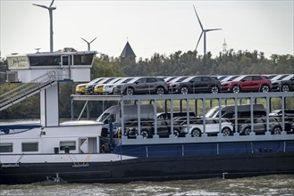 Car transporter Freighter Forenso, on the Rhine near Rees, brings Ford Explorer e-cars from the