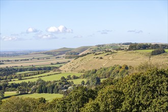 View over chalk scarp slope Vale of Pewsey, Pewsey Vale, Martinsell Hill, Oare, Wiltshire, England,