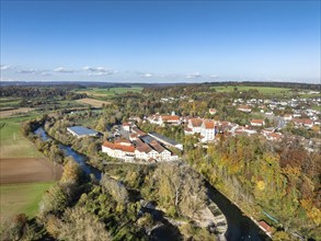 Aerial view of the village of Scheer with the residential palace and the former Kraemer paper mill,