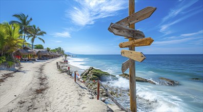 Sign pointing to the direction of vacation destination with scenic beach and ocean, AI generated