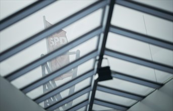 SPD flag on the Willy Brandt House in Berlin, 8 April 2024