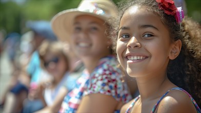 Cute african american girl celebrating the american holiday with friends and family at the parade.