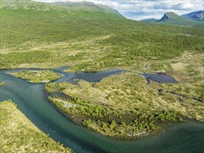 The widely branching arms of river Sjoa, upper valley of river Sjoa, Jotunheimen, Norway, Europe