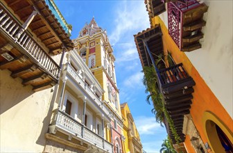 Famous colonial Cartagena Walled City, Cuidad Amurrallada, and its colorful buildings in historic