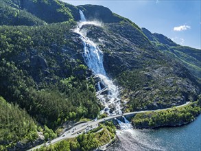 Aerial view of waterfall Langfoss, Akrafjord, rest area at road E134, Norway, Europe