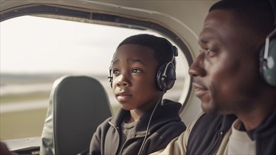 Young african american father teaching his son to fly in the cockpit of their airplane, generatvie