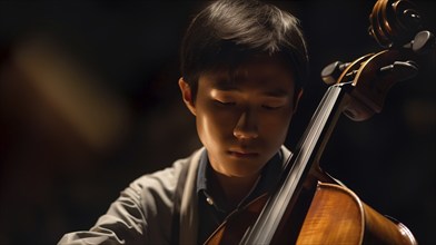 Young asian boy playing his cello at the concert hall under dramatic lights, generatvie AI, AI