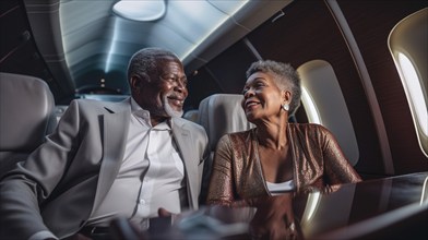 Happy and proud elderly successful adult african american couple in their private executive luxury