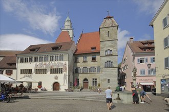 Pfennigturm at the town hall built in 1490 with imperial fountain and spire of St. Nicholas