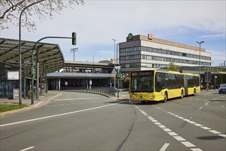 Bus of line 5815 in front of the bus station and the back of the main railway station in Essen,