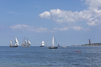 Sailboats, kayak, naval memorial, Laboe, Kiel Week, Kiel Fjord, Kiel, Schleswig-Holstein, Germany,