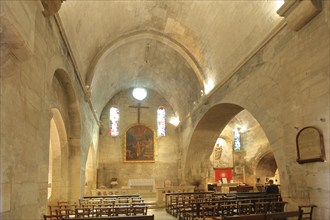 Interior view with wall painting of the Gothic church of St-Vincent, Saint, Les Baux-de-Provence,