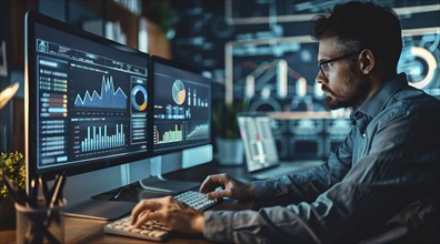 Business Analysis concept. Business analyst using graphs and data to analyze market trends, AI