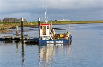 Deben Trojan multicat workboat boat, River Ore, Orford, Suffolk, England, UK