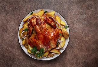 Fried, baked chicken, in the oven, with spices, and rustic potatoes, top view, homemade