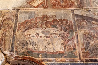 Religious mural inside Greek Orthodox church of Saint Mary, or Panagia Monastery, Dhermi, Albania,